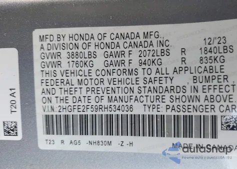 2024 Honda Civic Sport from USA, damaged, VIN 2HGFE2F59RH534036